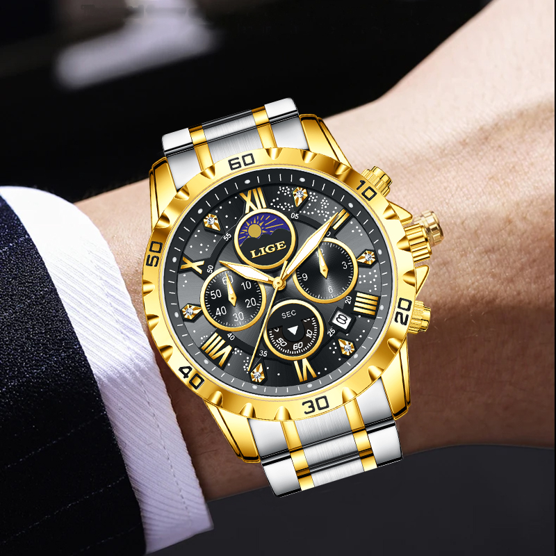 Luxury Quartz Watch Brands - LIGE トップブランドの高級クォーツマンウォッチカジュアルスポーツ防水ステンレス発光クロノグラフ 24H ムーンフェイズ腕時計男性用 + ボックス