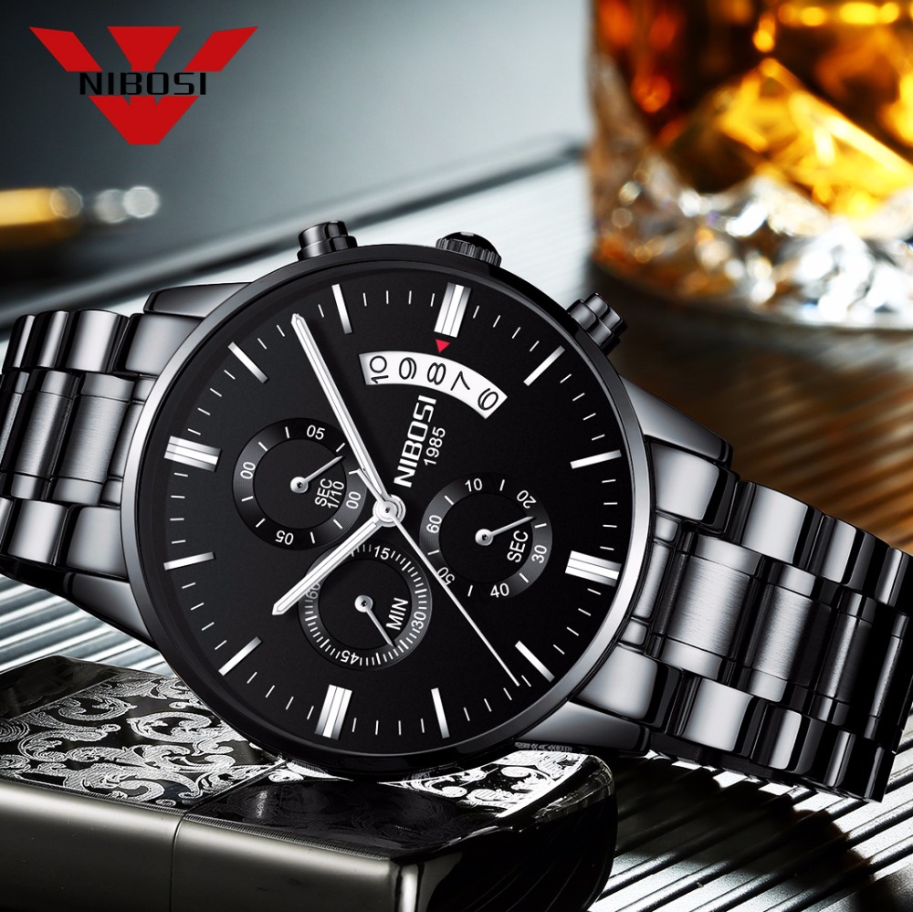 Luxury Watch All Black - Nibosi-メンズクォーツ時計,ステンレススチールとブラック,高級ブランド,クロノグラフ,2309