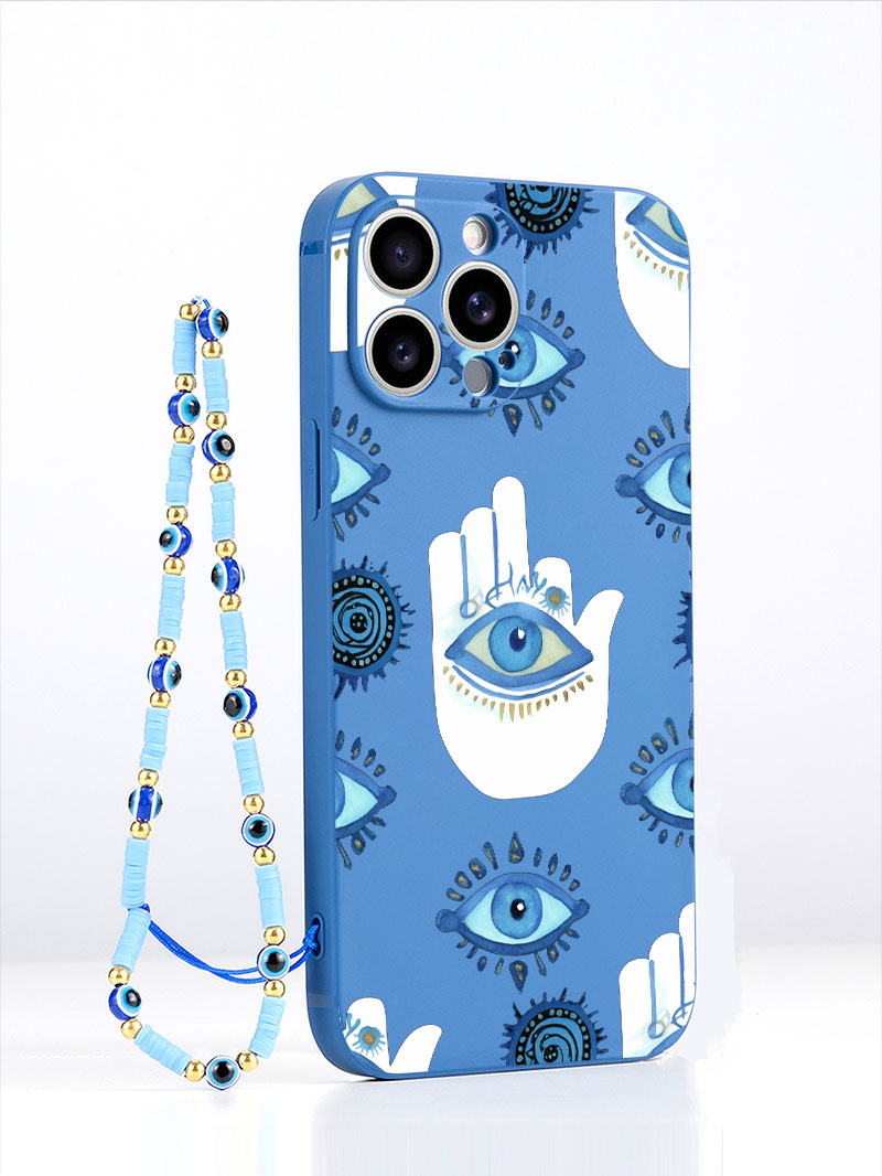 Luxury Watch Case - 高級液体シリコン製ブルー邪眼柄ランヤード付きスマホケース iPhone 17 Air 16 15