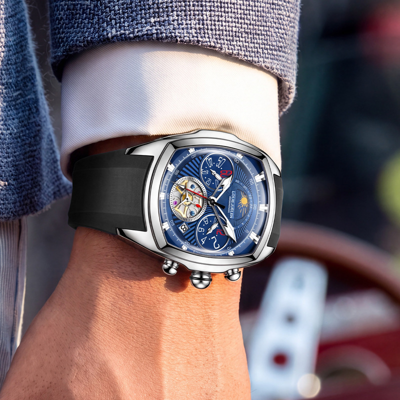 Tourbillon Movement Watch - メンズ高級クォーツ腕時計、デュアルサブダイヤル、クロノグラフ、スケルトン、トゥールビヨン、ムーンフェイズ、日付表示、シリコン製バレルケース