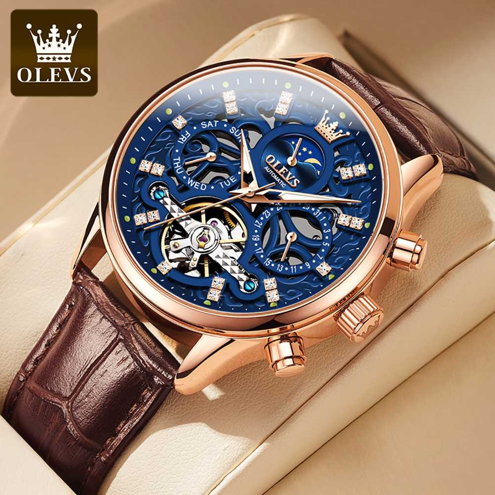 Luxury Watch Winder - OLEVS 6658 オリジナルブランド自動腕時計男性用中空夜光スケルトントップ高級ファッションムーンフェイズメンズ腕時計