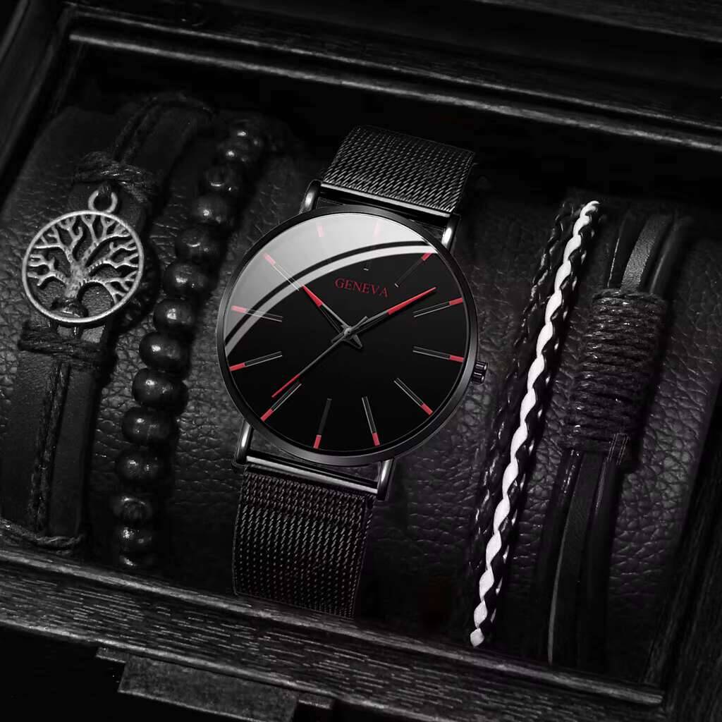 Luxury Watch All Black - 男性用ステンレススチールクォーツ時計とブレスレットセット,ブラックメッシュ,高級ファッション,ボックスなし,5個