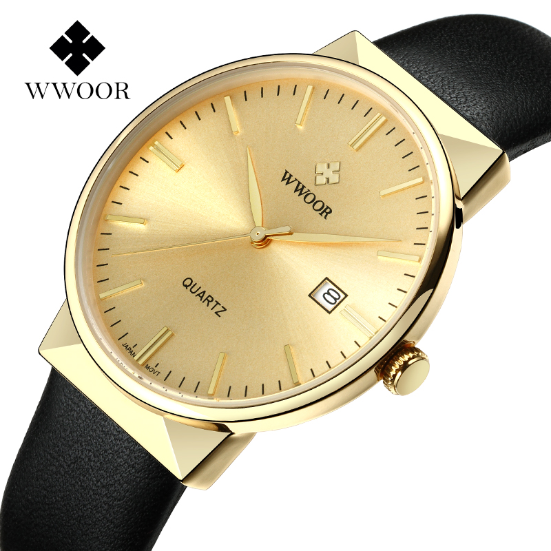 Luxury Watch All Black - WWOOR メンズ腕時計トップブランドの高級防水本革腕時計メンズクラシックゴールドブラック日付クォーツ時計 saat erkek
