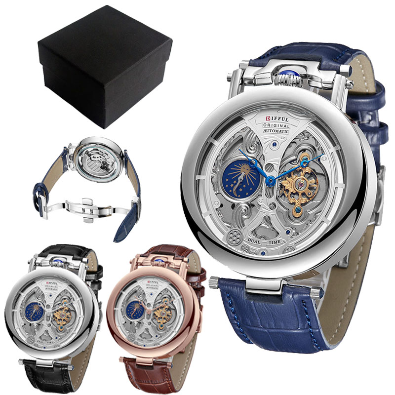 Tourbillon Movement Watch - 高級大型スケルトン文字盤ムーンフェイズトゥールビヨン中空機械式メンズ腕時計レザーバンド付き