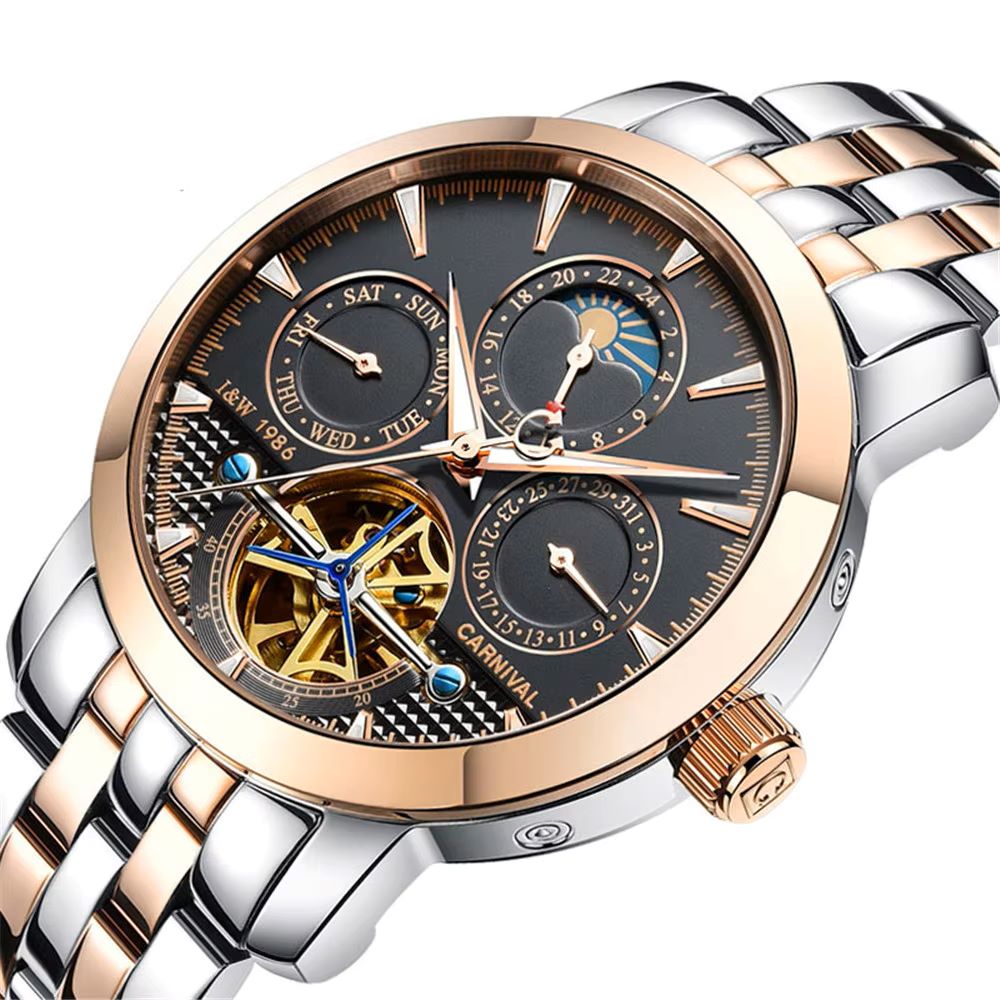 Tourbillon Movement Watch - カーニバルトップブランドの高級スチール腕時計ビジネス自動機械式防水スポーツメンズトゥールビヨン腕時計 Relogios Masculinos