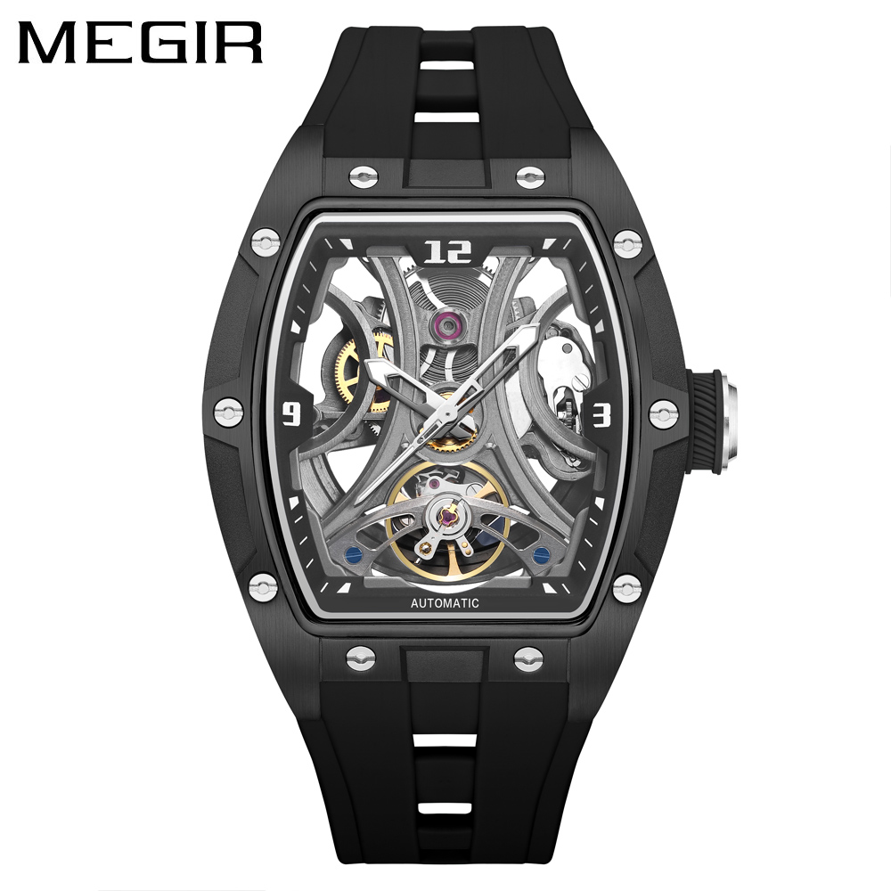 Tourbillon Movement Watch - MEGIR 2245 トノースケルトン自動巻き腕時計 メンズ 夜光針 スチールケース