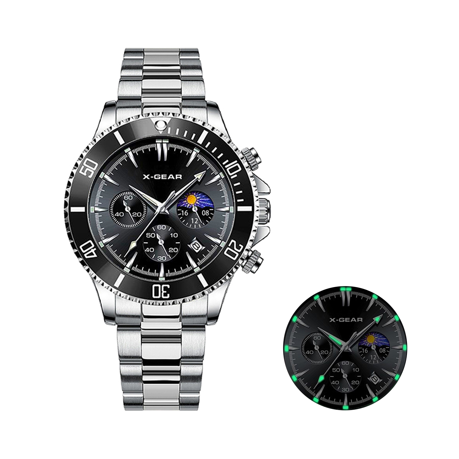 Luxury Watch All Black - X-GEAR ファッションカレンダーメンズクォーツ時計高級ブラックダイヤルステンレススチールストラップビジネスメンズ腕時計男性腕時計腕時計