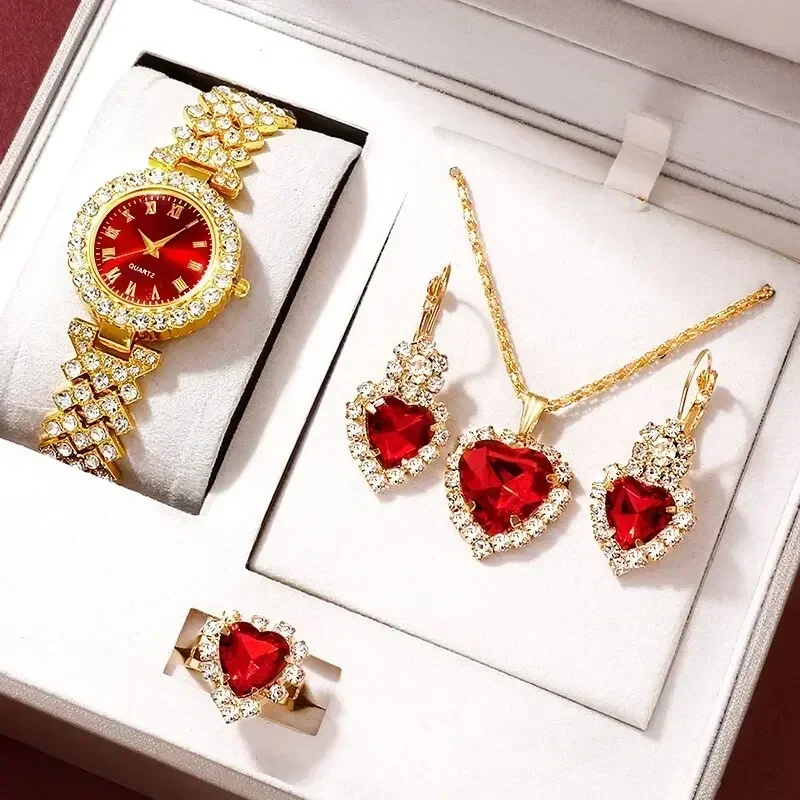 Luxury Watch Kit - 女性用ゴールドジュエリーセット,高級時計,リング,ネックレス,イヤリング,ラインストーン,腕時計,カジュアルブレスレット,ファッション