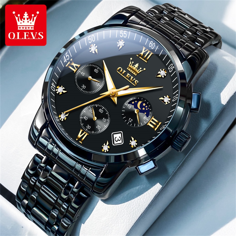 Luxury Watch For Men - OLEVS 人気のメンズ腕時計ステンレススチールブラックムーンフェイズクロノグラフクォーツ時計男性日付オリジナルブランド腕時計