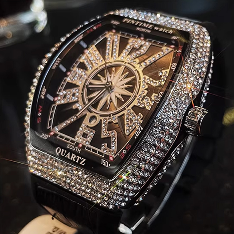 Luxury Watch All Black - プレミアムブランド高級ダイヤモンド腕時計 デジタルダイヤモンド象嵌 ブラックウォッチ ナイトライト メンズクォーツ腕時計 ヒップホップスタイル