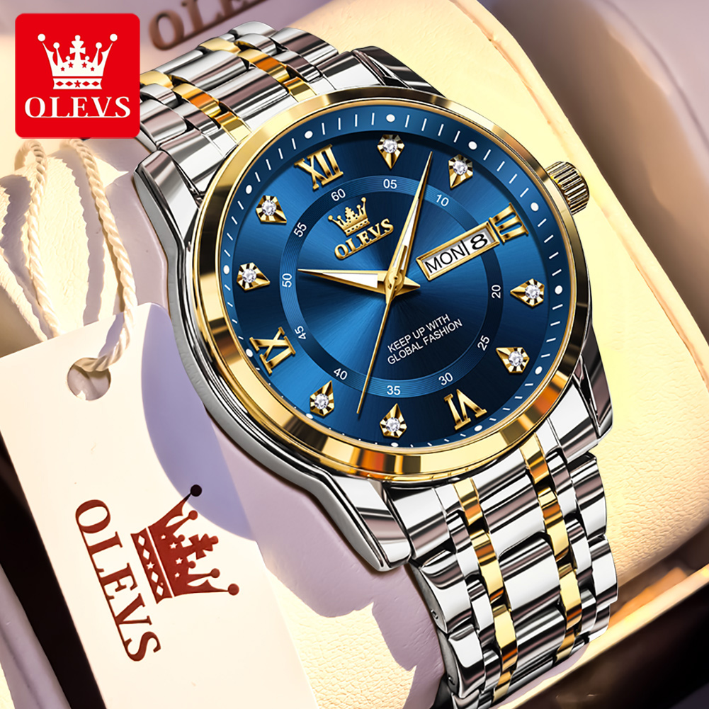 Luxury Watch For Men - OLEVS ブランドファッションメンズ腕時計ステンレス鋼防水クォーツ腕時計発光オリジナル腕時計男性用デュアルカレンダー