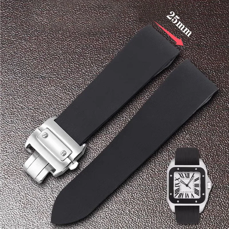 Luxury Watch Cartier - 防水ラバーウォッチストラップ、ソフトシリコン、ステンレススチール、バックル付きウォッチバンド、ブラック、レオン100、w2020007、25mmに適合