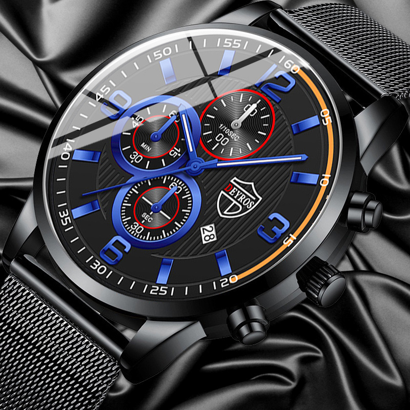 Luxury Watch All Black - 高級メンズクォーツ腕時計、ブラックメタルメッシュバンドウォッチ、ビジネスカジュアル日付表示男性用ドレスウォッチ、男性へのギフト