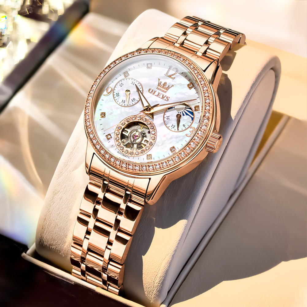Luxury Quartz Watch Brands - OLEVS 女性用腕時計トップブランドの高級ファッションファインスチールオリジナル自動機械式腕時計ネックレスブレスレットギフトボックス