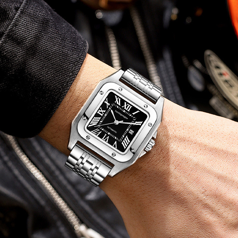 Luxury Watch Cartier - 男性用の高級高級スクエア自動機械式時計、中空バタフライクラスプ付き、ファッショナブルなビジネスカジュアル多用途スタイリッシュなメンズ腕時計、さまざまな機会に着用でき、バレンタインデーに彼氏への贈り物に最適です。