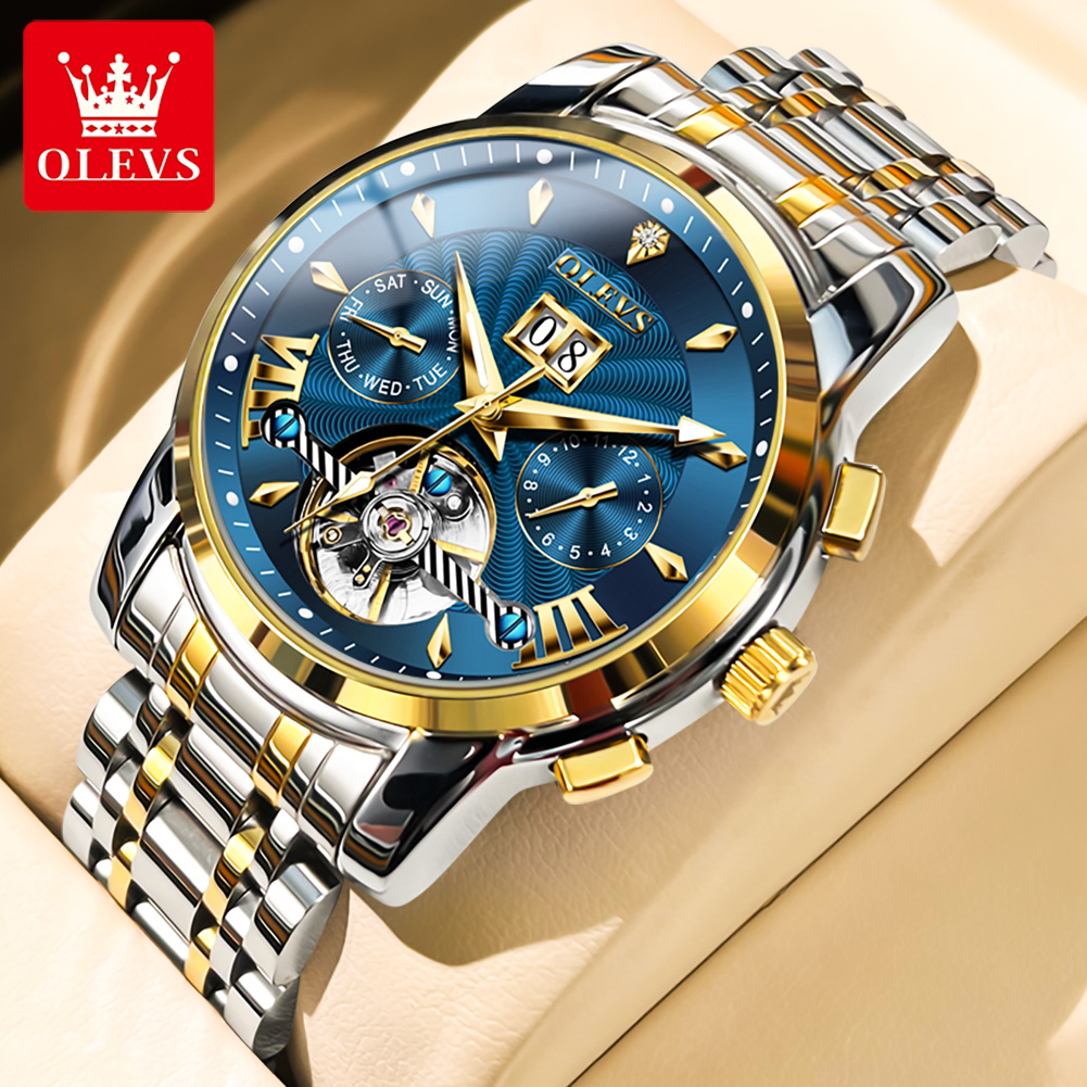 Luxury Watch For Men - OLEVS メンズ腕時計高級ファッションファインスチールストラップカレンダー中空自動巻きムーブメントオリジナル自動機械式時計