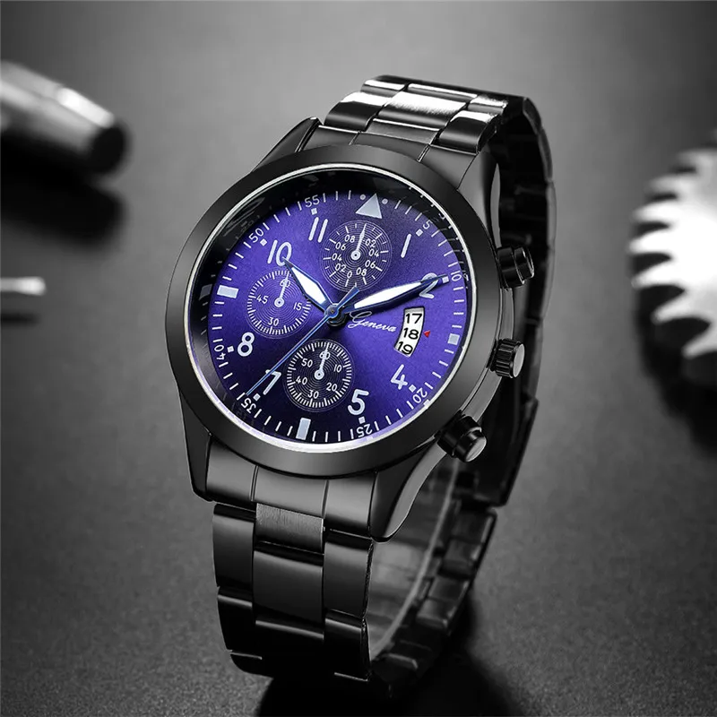 Luxury Watch All Black - Geneva-男性用高級時計,クォーツ,ステンレススチール,ブラック,ブルー,メンズ