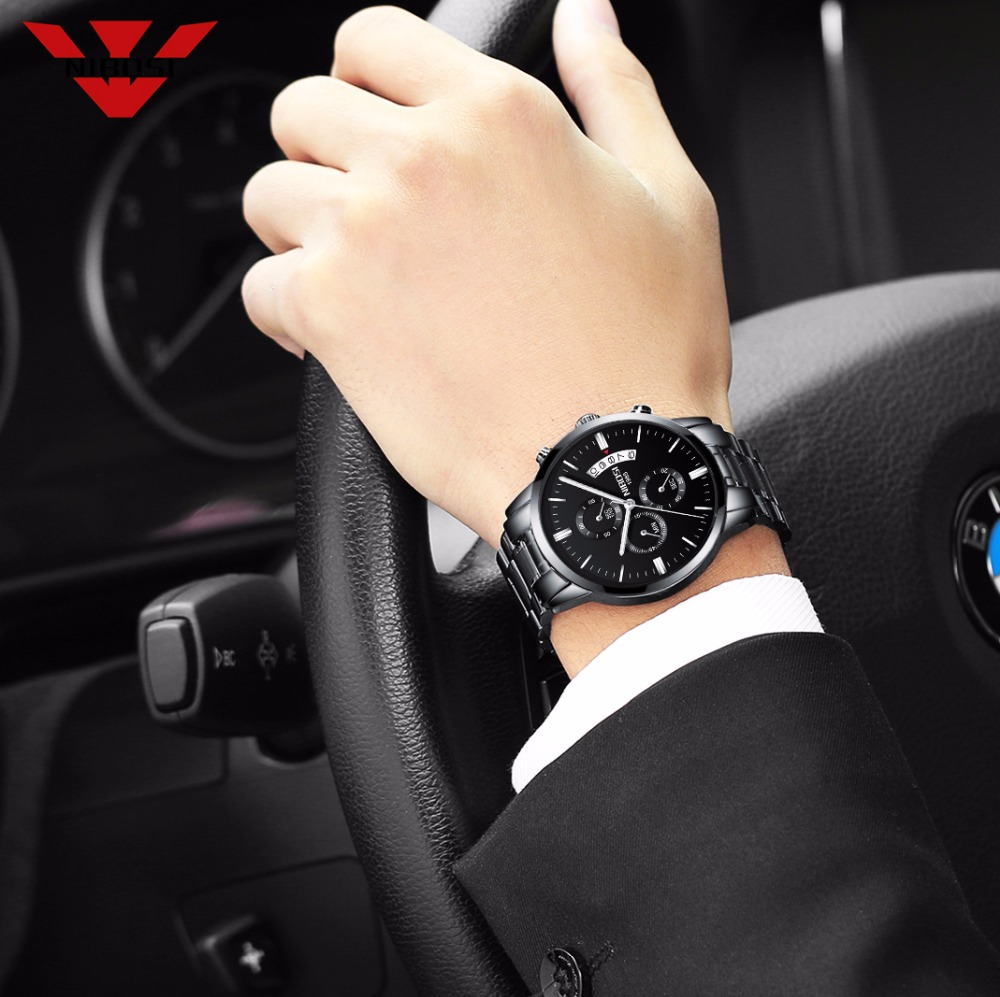 Nibosi-メンズクォーツ時計,ステンレススチールとブラッ - Luxury Watch All Black のレビューと価格