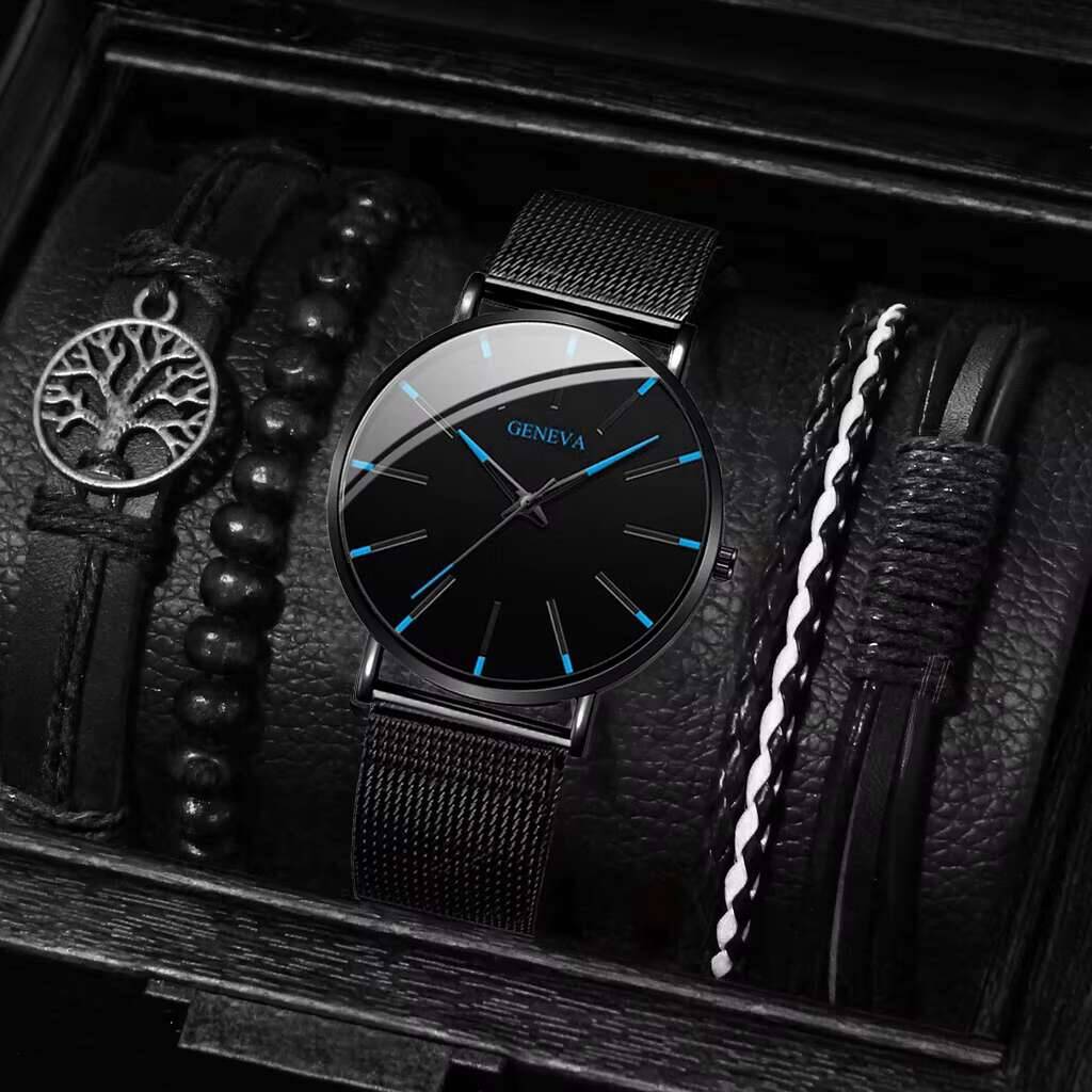 男性用ステンレススチールクォーツ時計とブレスレットセット,ブ - Luxury Watch All Black のレビューと価格