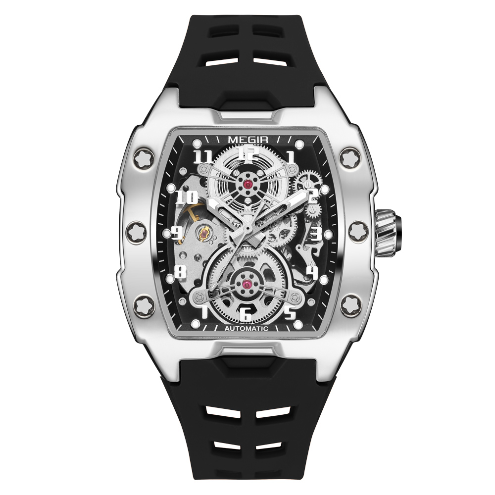 Megir-メンズ合金時計ケース,防水シリコンバンド,バレル - Tourbillon Movement Watch のレビューと価格