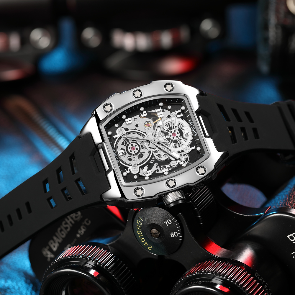 Megir-メンズ合金時計ケース,防水シリコンバンド,バレル - Tourbillon Movement Watch のレビューと価格