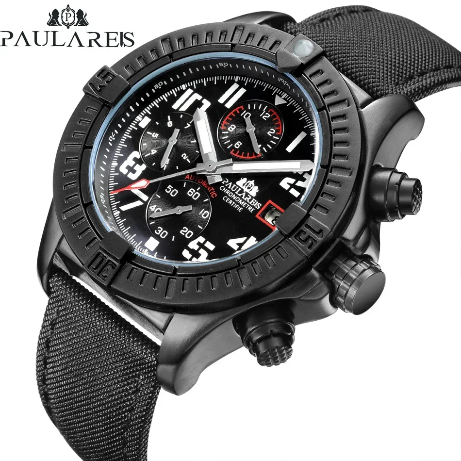 男性用自動巻き機械式時計,本革,黒と青,多機能日付,発光,キ - Luxury Watch All Black のレビューと価格