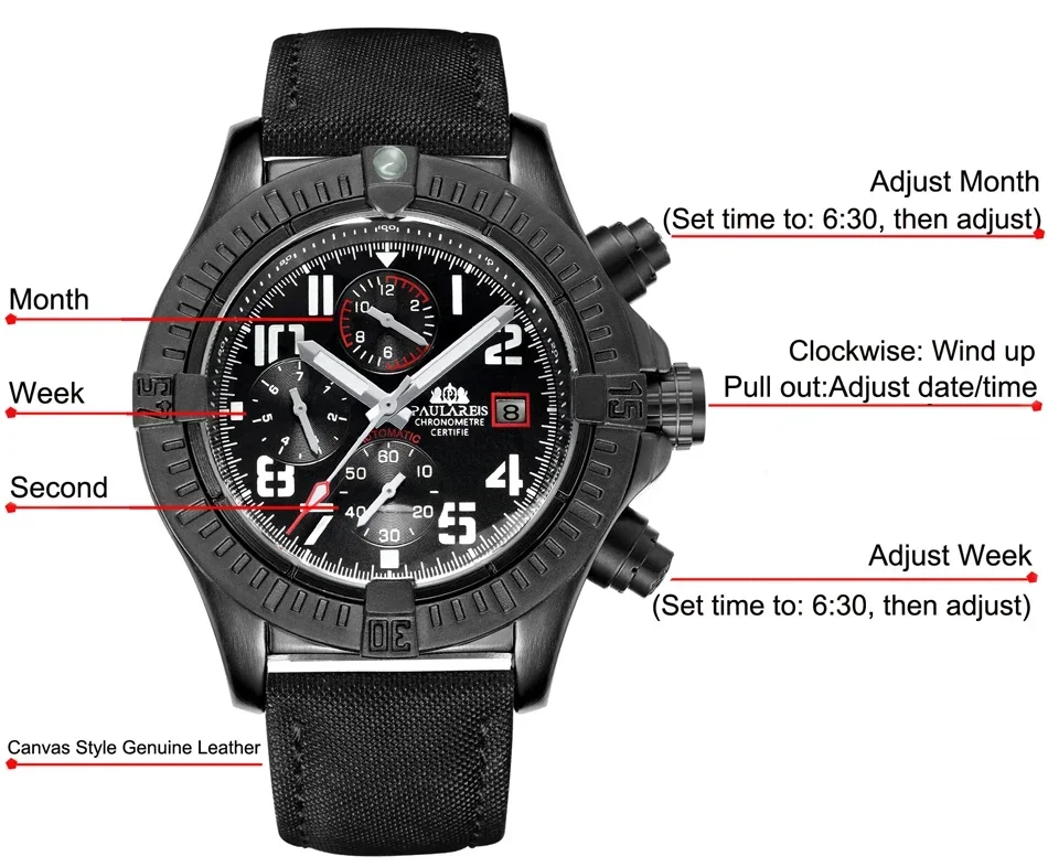 男性用自動巻き機械式時計,本革,黒と青,多機能日付,発光,キ - Luxury Watch All Black のレビューと価格