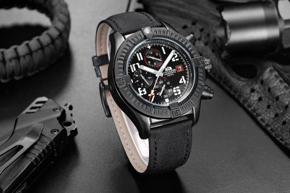 男性用自動巻き機械式時計,本革,黒と青,多機能日付,発光,キ - Luxury Watch All Black のレビューと価格
