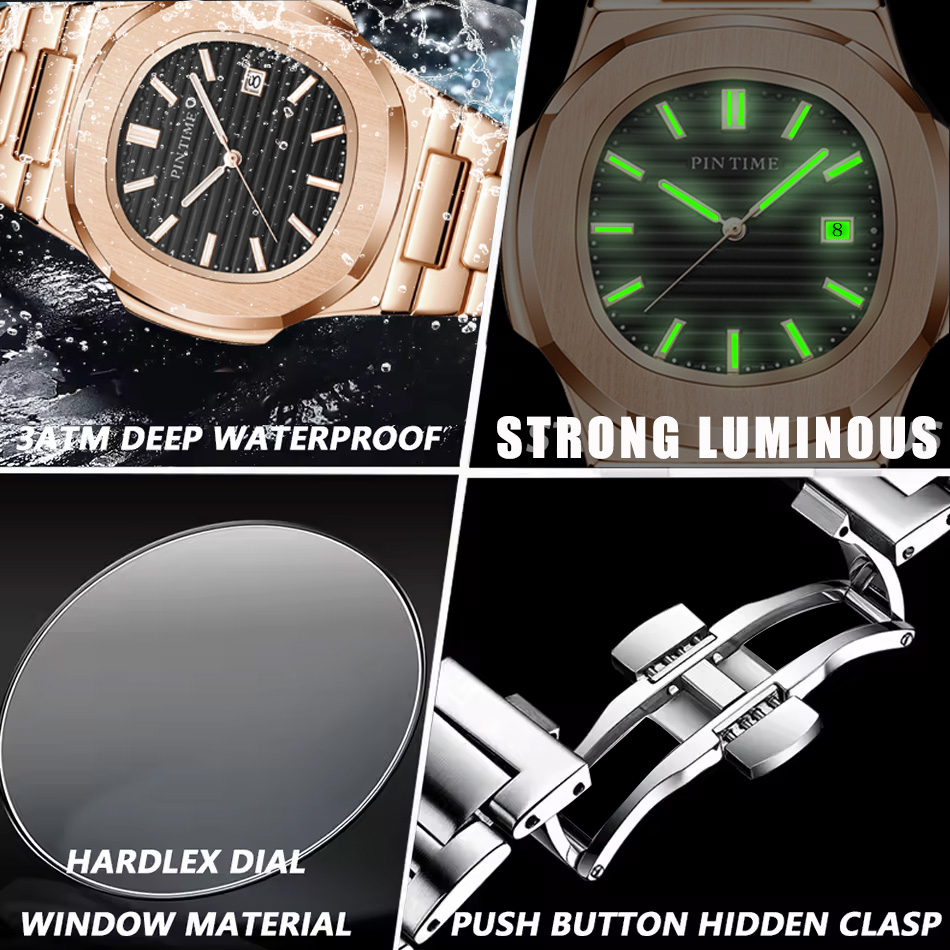 高級メンズ腕時計ビジネス防水発光合金多角形ケースビジネスクォ - Luxury Watch All Black のレビューと価格