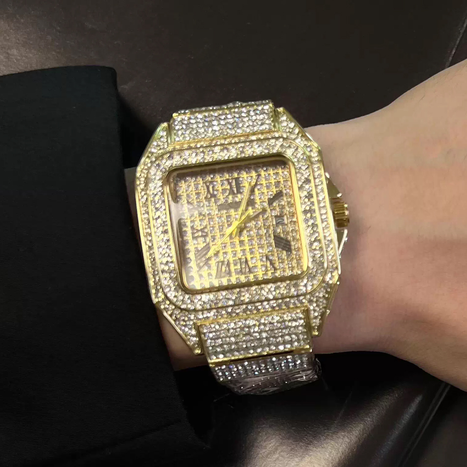ゴールドまたはブラックのウォッチ、アイスアウトスクエア腕時計 - Luxury Watch All Black のレビューと価格
