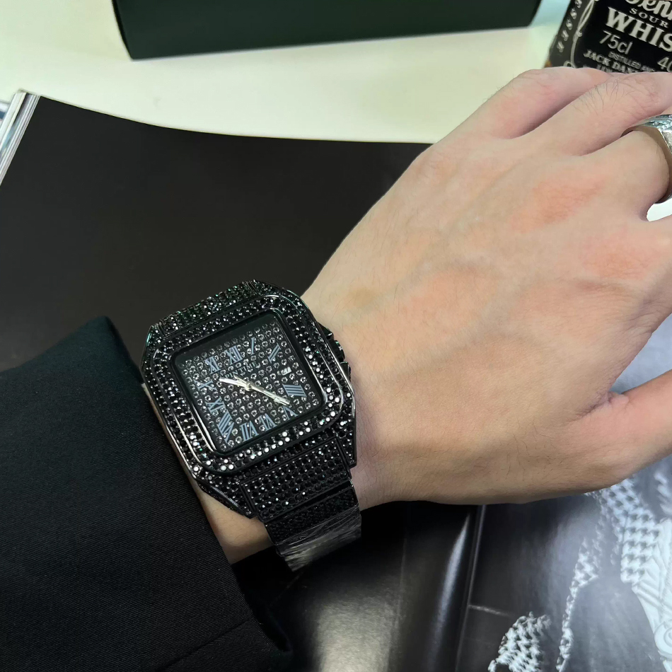 ゴールドまたはブラックのウォッチ、アイスアウトスクエア腕時計 - Luxury Watch All Black のレビューと価格
