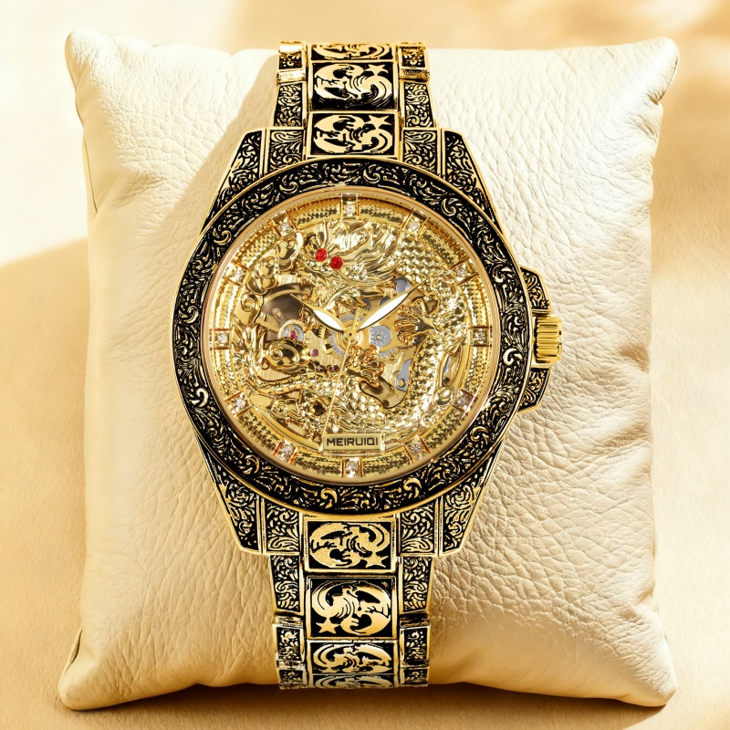 メンズ用の黄色のレトロスタイルの高級彫刻入り黄色龍の全自動機 - Tourbillon Movement Watch のレビューと価格