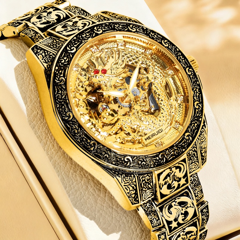 メンズ用の黄色のレトロスタイルの高級彫刻入り黄色龍の全自動機 - Tourbillon Movement Watch のレビューと価格
