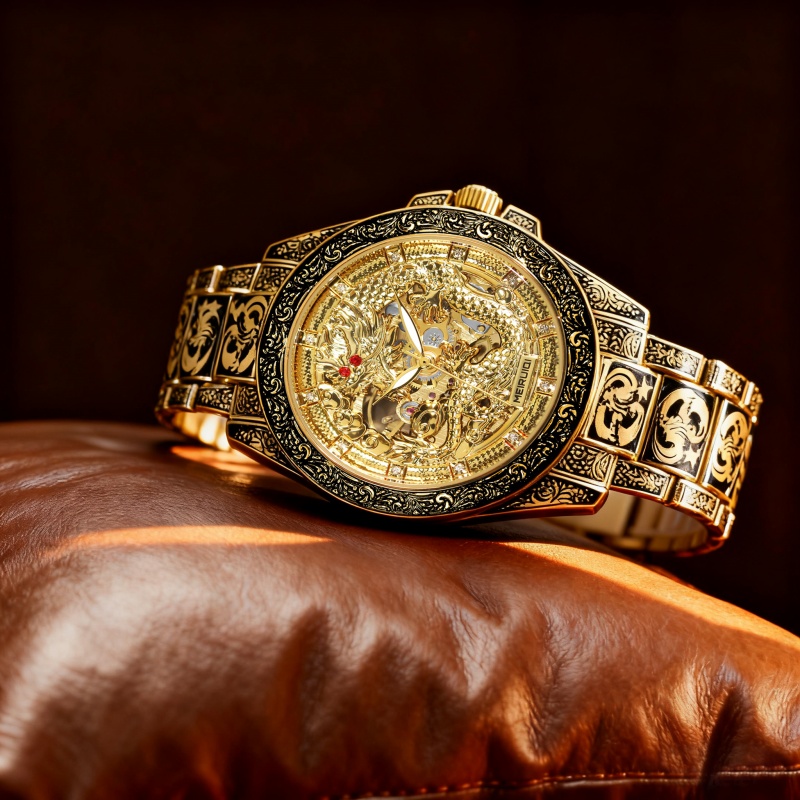 メンズ用の黄色のレトロスタイルの高級彫刻入り黄色龍の全自動機 - Tourbillon Movement Watch のレビューと価格