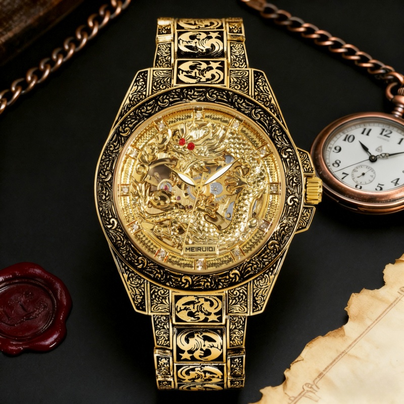 メンズ用の黄色のレトロスタイルの高級彫刻入り黄色龍の全自動機 - Tourbillon Movement Watch のレビューと価格
